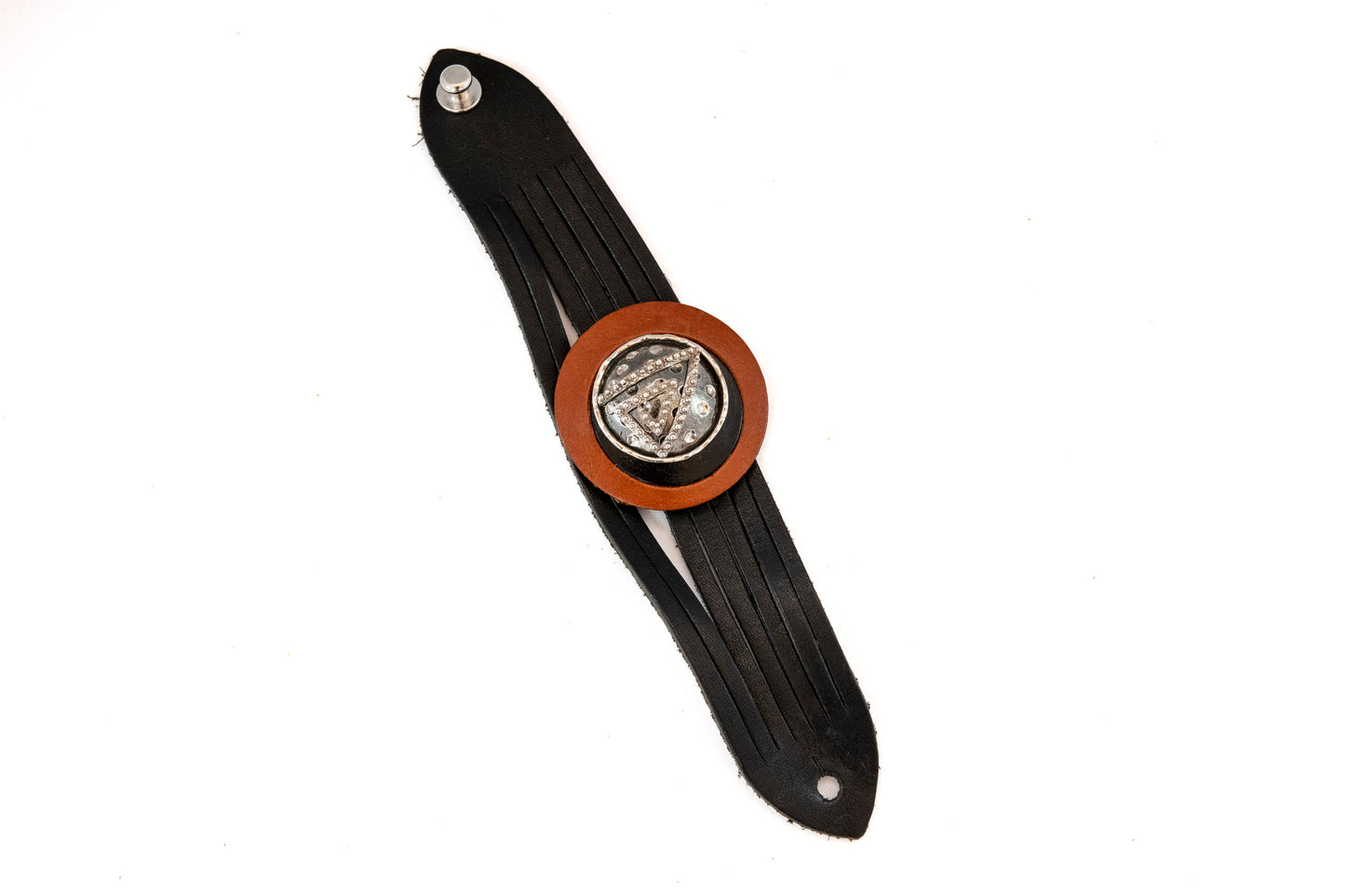 Pulsera Flor y Piel Negra - Triángulo plata de ley 925