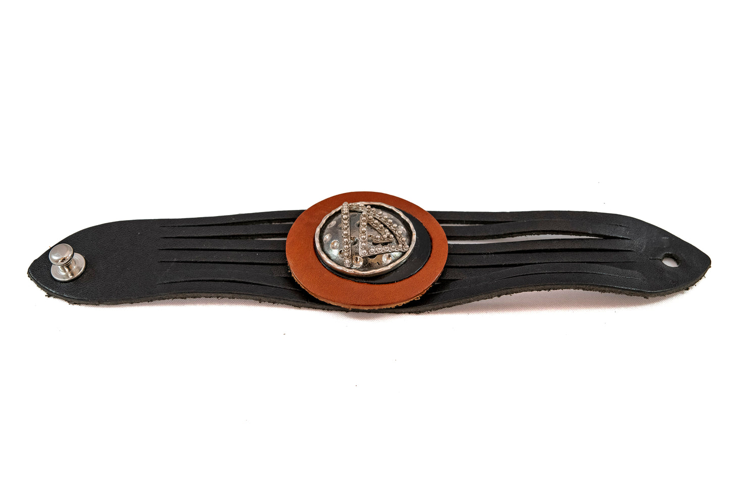 Pulsera Flor y Piel Negra - Triángulo plata de ley 925