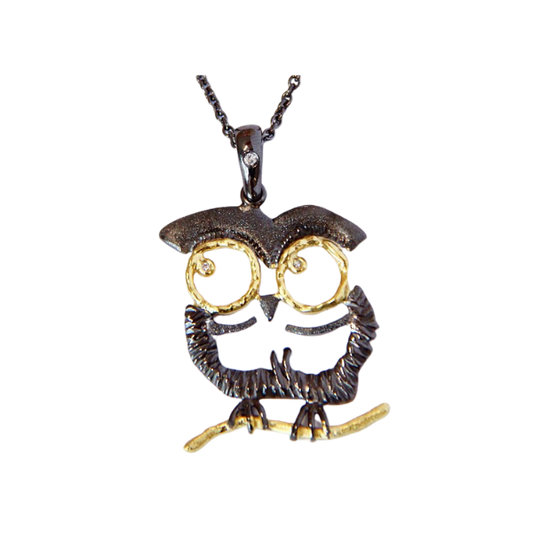 Ciondolo gufo nero e oro in argento sterling 925 