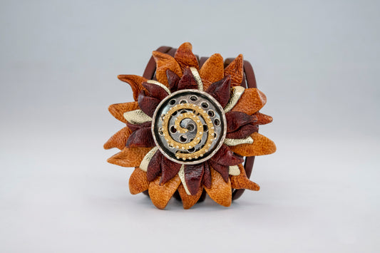 Bracciale a spirale con fiori e pelle placcato oro - Argento Sterling 925 