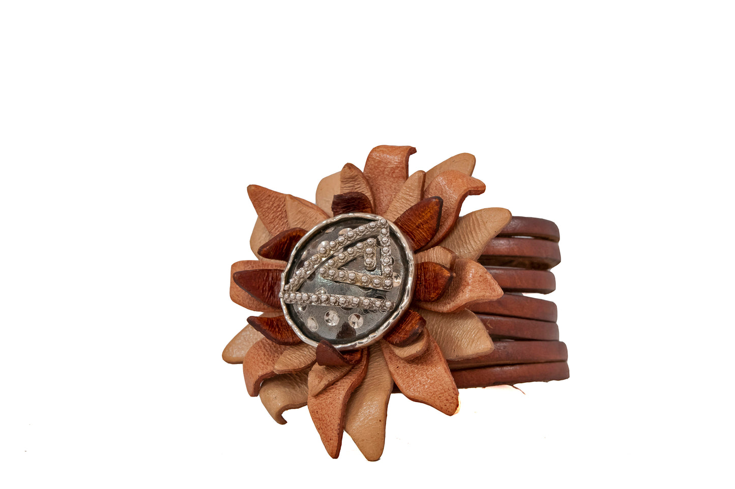 Pulsera  Flor y Piel Marrón - Triángulo plata de ley 925