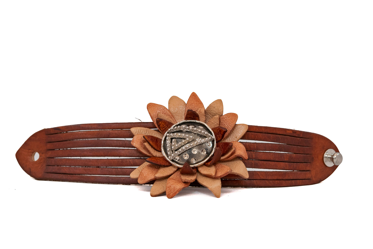 Pulsera  Flor y Piel Marrón - Triángulo plata de ley 925