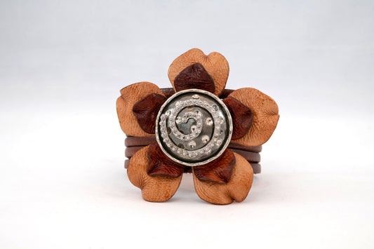 Bracciale a spirale con fiori e pelle in argento sterling 925 